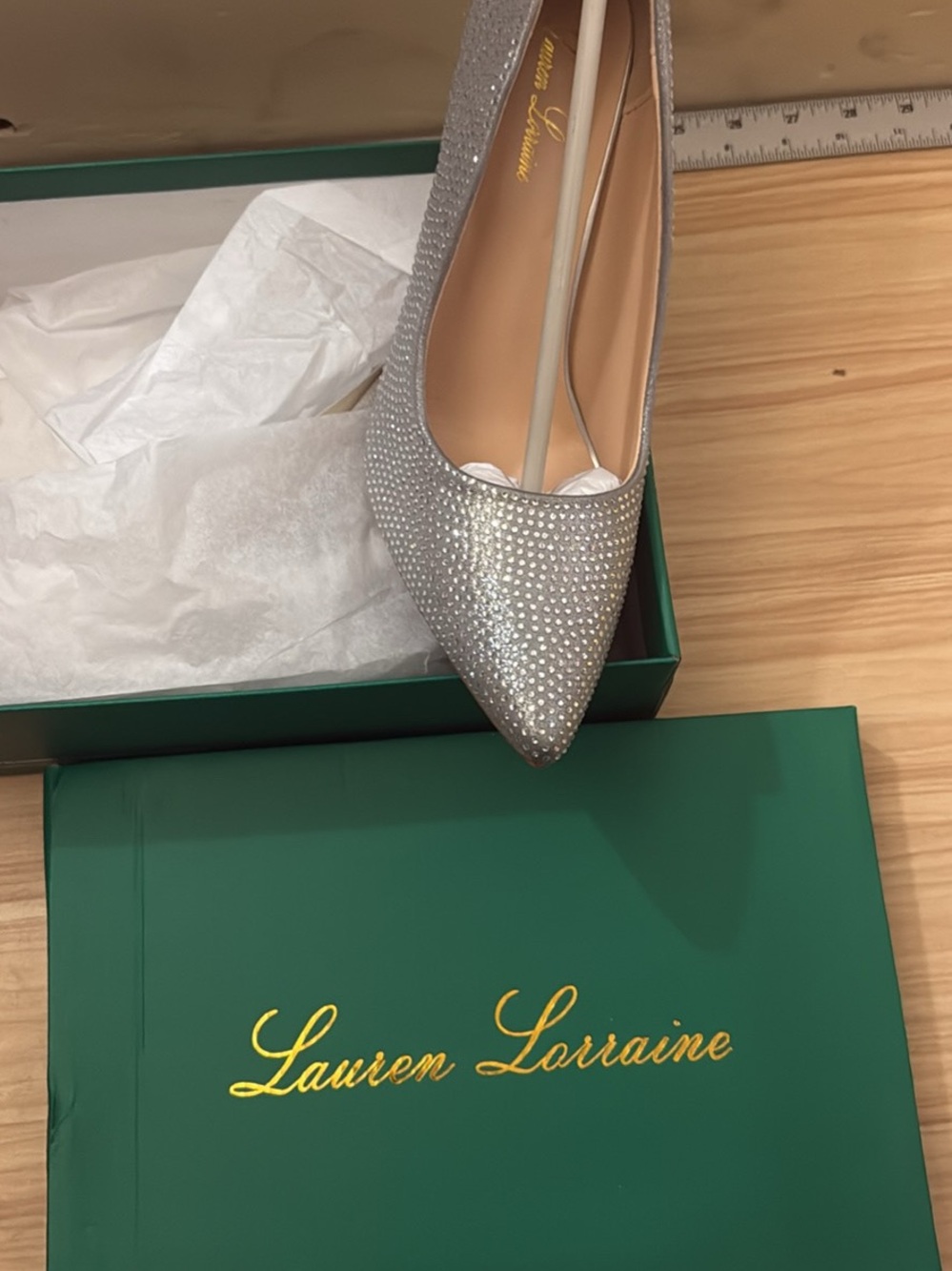 Lauren Lorraine Silver Crystal-Embellished Pointed Toe Flats
